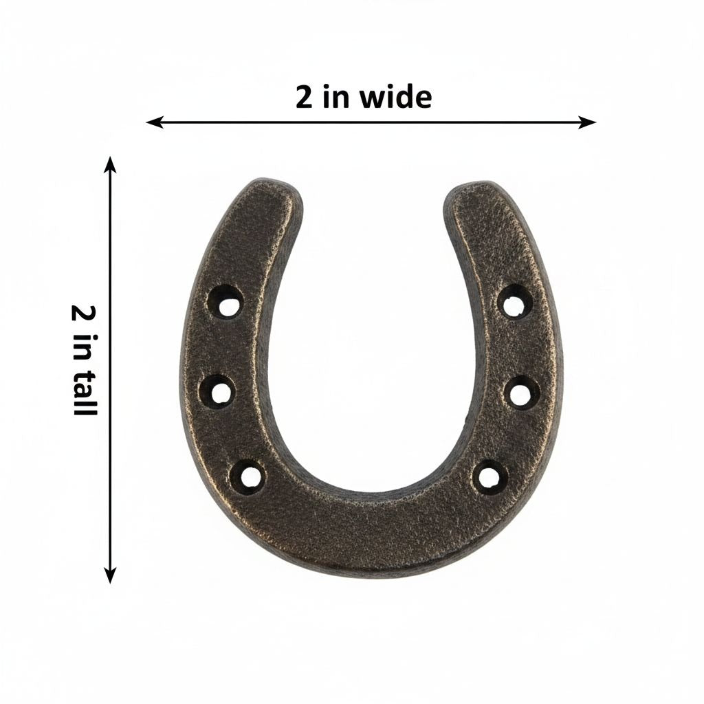A horseshoe-shaped wall hook or decorative hardware piece shown on a white background with dimension arrows and text indicating 2 inches wide and 2 inches tall.