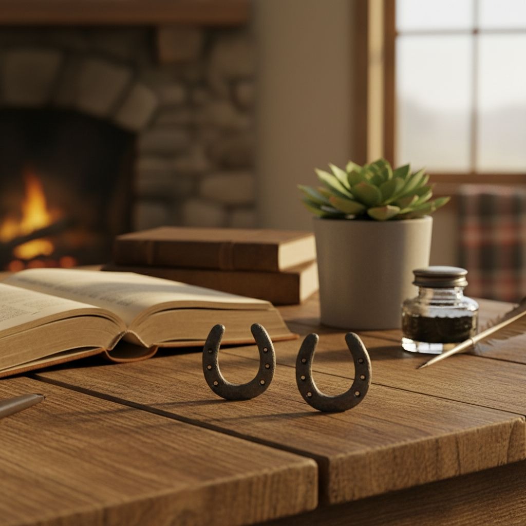 Horseshoe decorations on a wooden table with books, a plant, and a fireplace in the background.