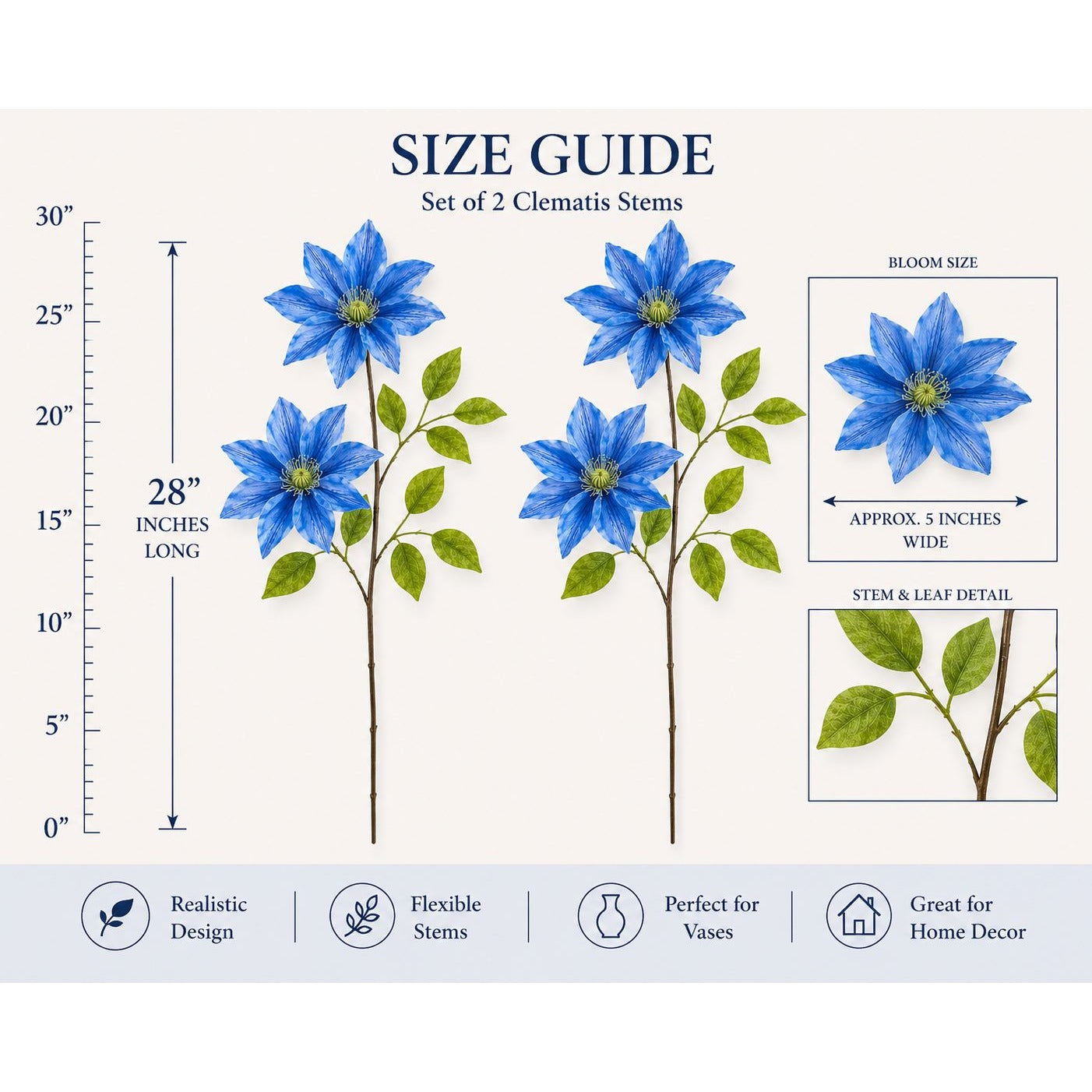 Set of 2 Blue Clematis Stems Faux Flower Branches Silk Floral Decor Farmhouse Flowers Cottagecore Vase Arrangement 28 Inch