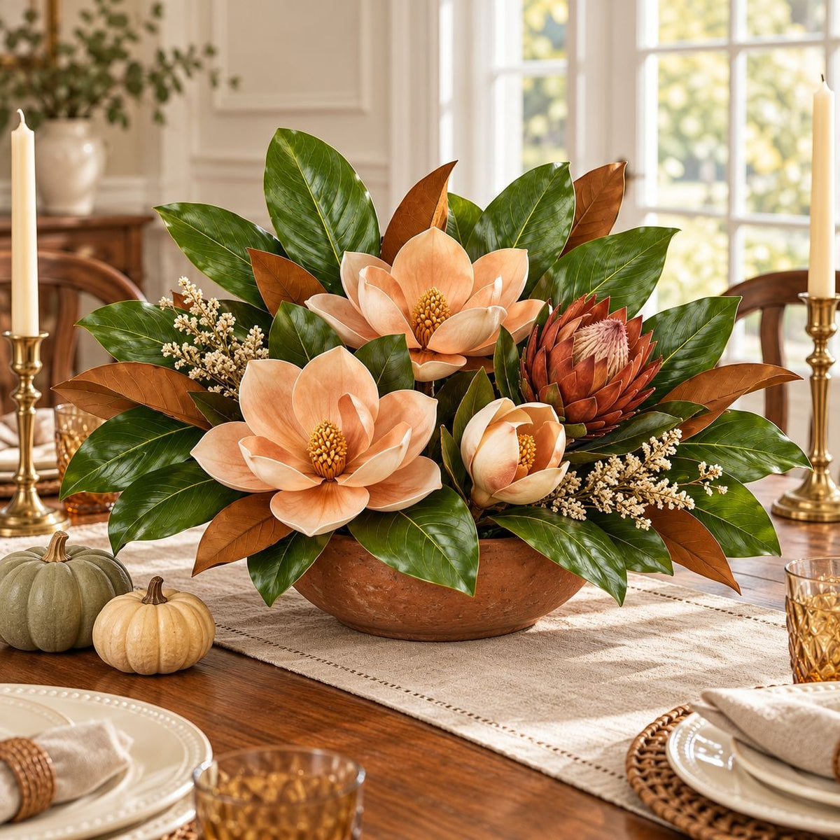A fall-themed floral centerpiece in a terracotta bowl, featuring peach magnolia blossoms, a rust protea, and green and brown leaves, styled on a dining table with candles, plates, and small pumpkins.