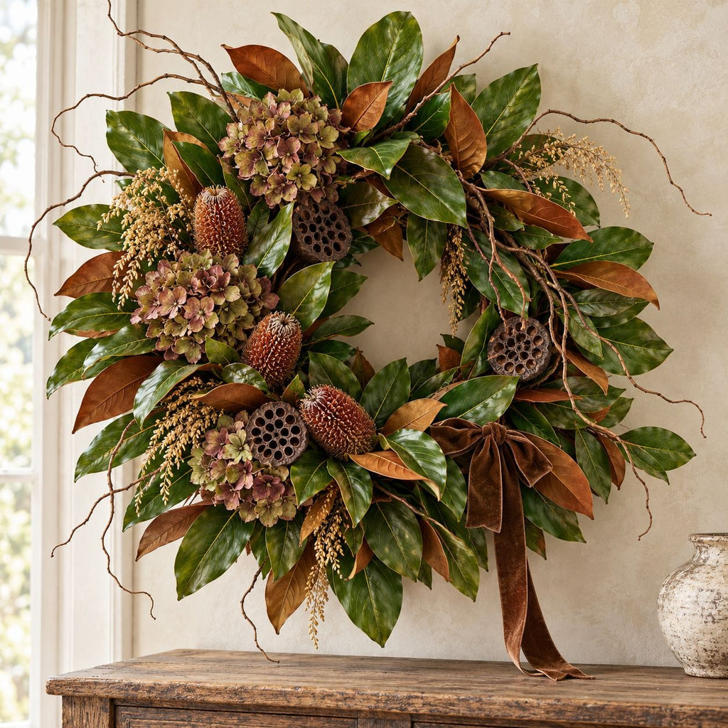 A decorative autumn wreath with green and brown magnolia leaves, hydrangea blooms, seed pods, twigs, and a brown velvet bow, hanging on a beige wall above a rustic wooden table.