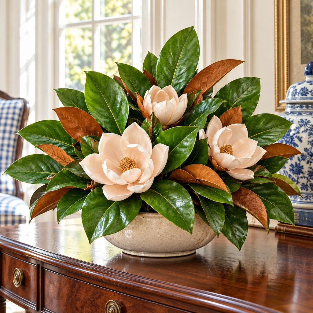 A decorative arrangement of three pale peach magnolia flowers with glossy green and brown leaves in a round beige pot, displayed on a polished wooden console table in a bright, elegant room.