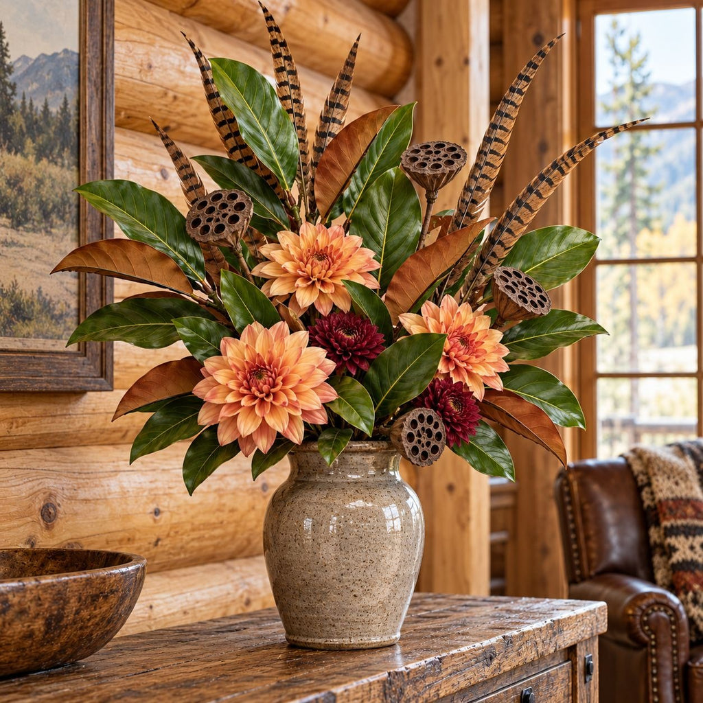 A rustic ceramic vase filled with an artificial autumn floral arrangement featuring peach dahlia-like flowers, green and brown leaves, tan lotus pods, and feather accents, displayed on a wooden table in a cabin-style room with log walls and a window.