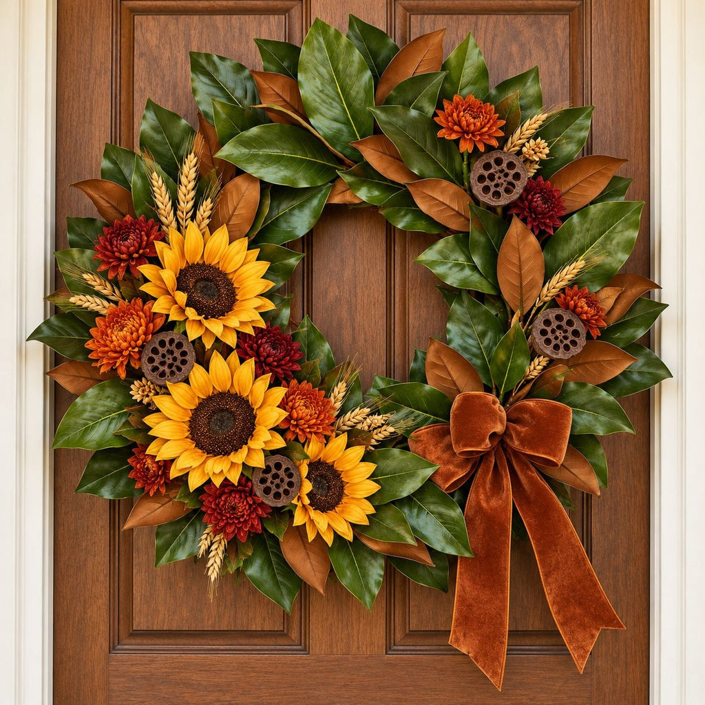 A decorative autumn wreath hanging on a brown wooden door. The wreath features bright yellow sunflowers, large green magnolia leaves, orange and red berries, small wheat stalks, and a large rust-colored velvet bow.
