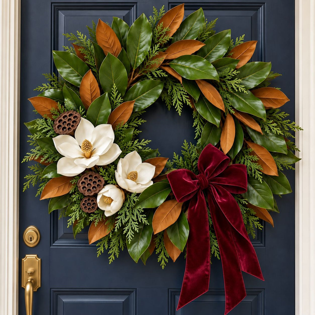 A festive holiday wreath with green magnolia leaves, brown magnolia leaves, white magnolia blossoms, pinecones, and a large dark red velvet bow, displayed on a dark navy blue front door.
