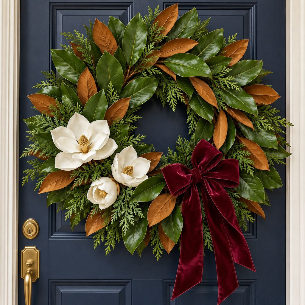 A festive holiday wreath hanging on a dark navy blue front door. The wreath is made of green magnolia leaves, brown magnolia leaves, green pine branches, and features three white magnolia flowers and a large dark red velvet bow on the right side.