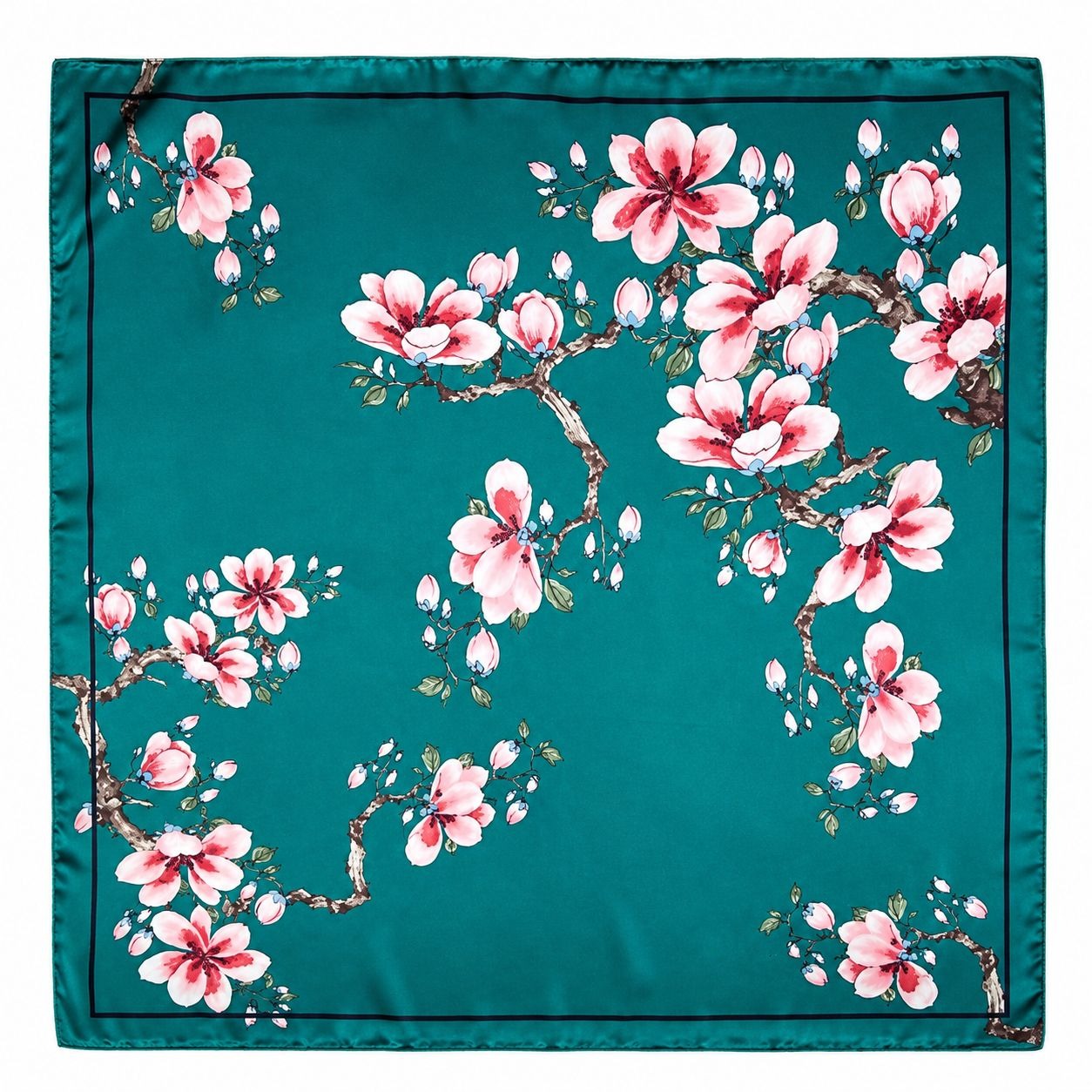 Teal Magnolia Satin Scarf 35x35 Floral Square Hair Neck Head Scarf Women Gift
