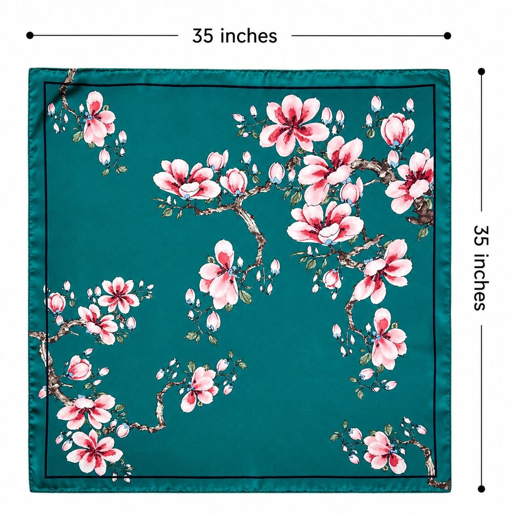 Teal Magnolia Satin Scarf 35x35 Floral Square Hair Neck Head Scarf Women Gift