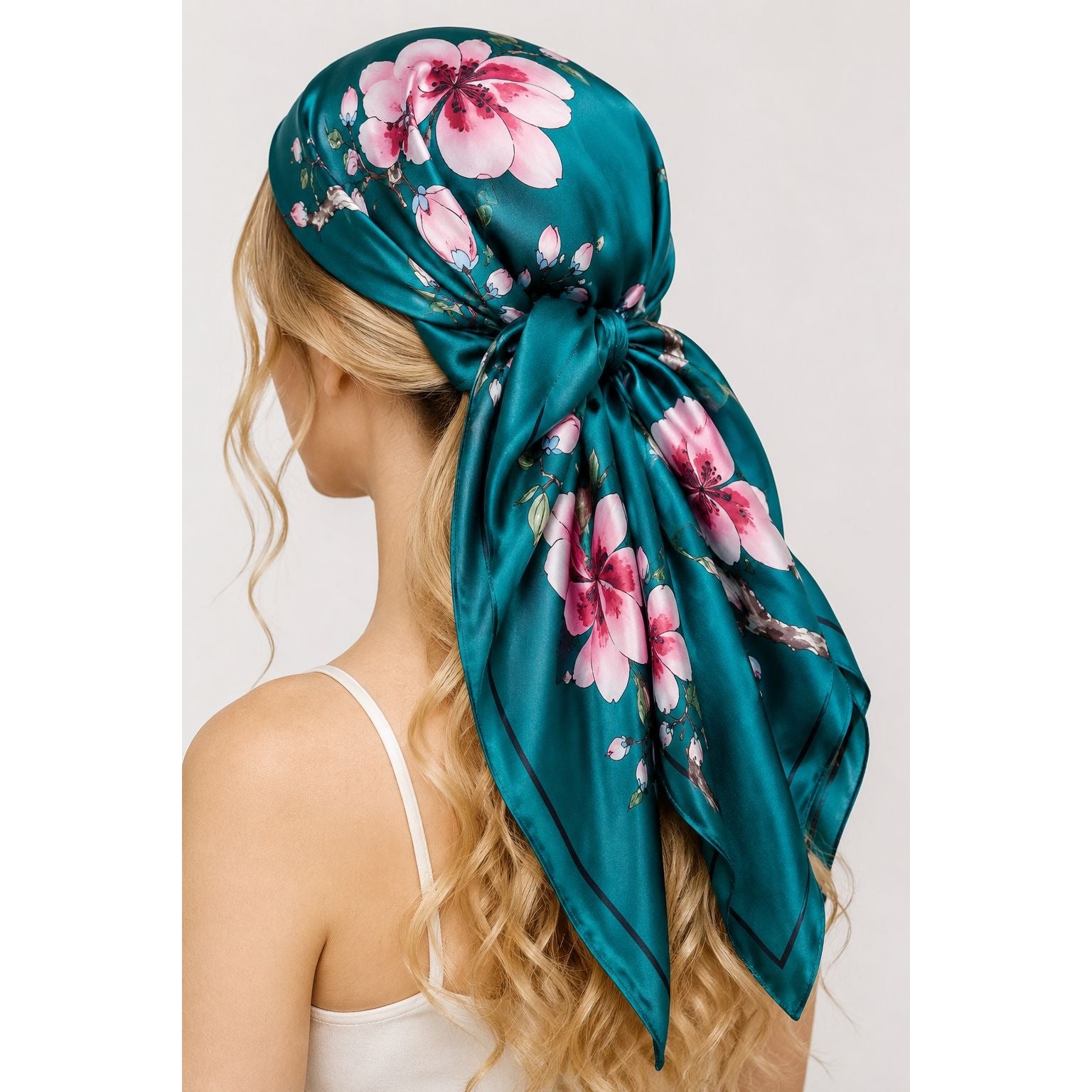 Teal Magnolia Satin Scarf 35x35 Floral Square Hair Neck Head Scarf Women Gift
