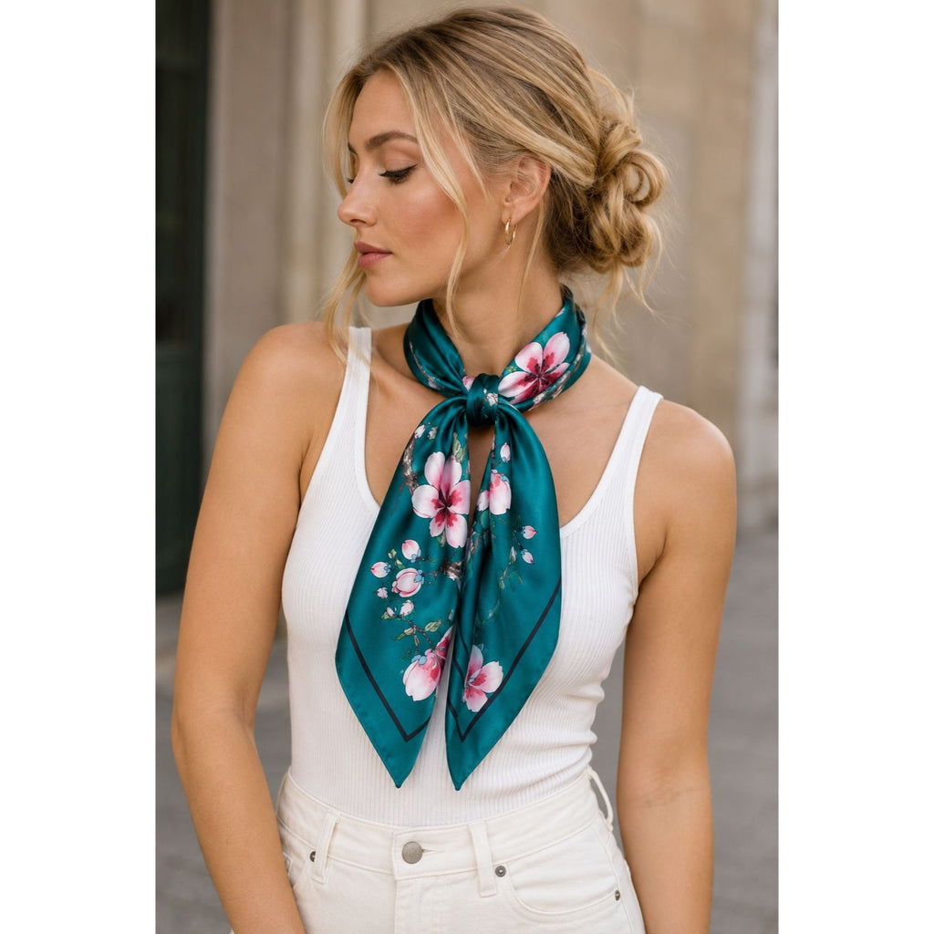 Teal Magnolia Satin Scarf 35x35 Floral Square Hair Neck Head Scarf Women Gift
