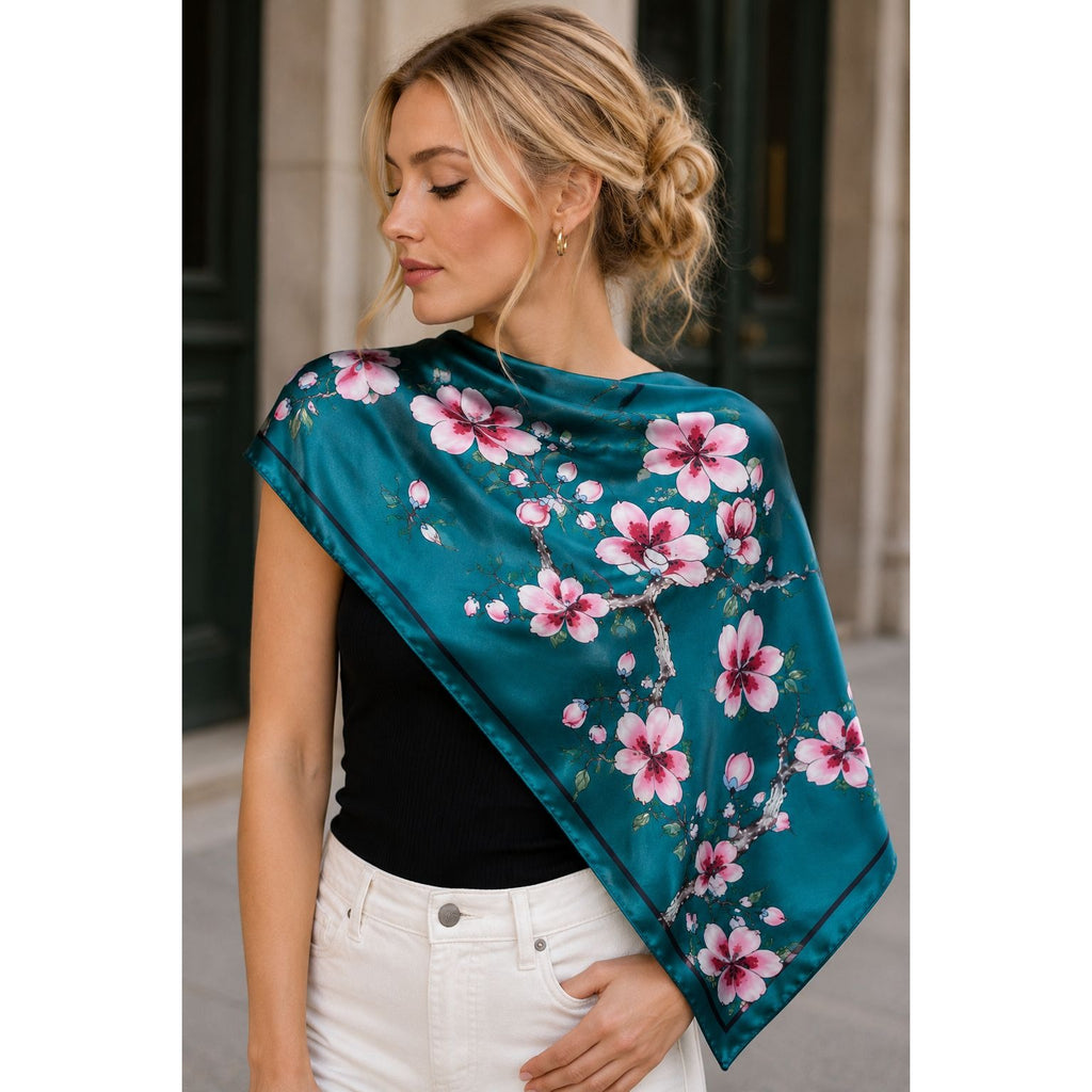 Teal Magnolia Satin Scarf 35x35 Floral Square Hair Neck Head Scarf Women Gift