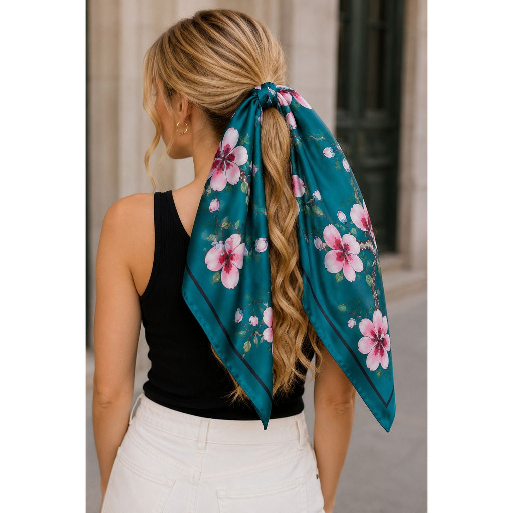 Teal Magnolia Satin Scarf 35x35 Floral Square Hair Neck Head Scarf Women Gift