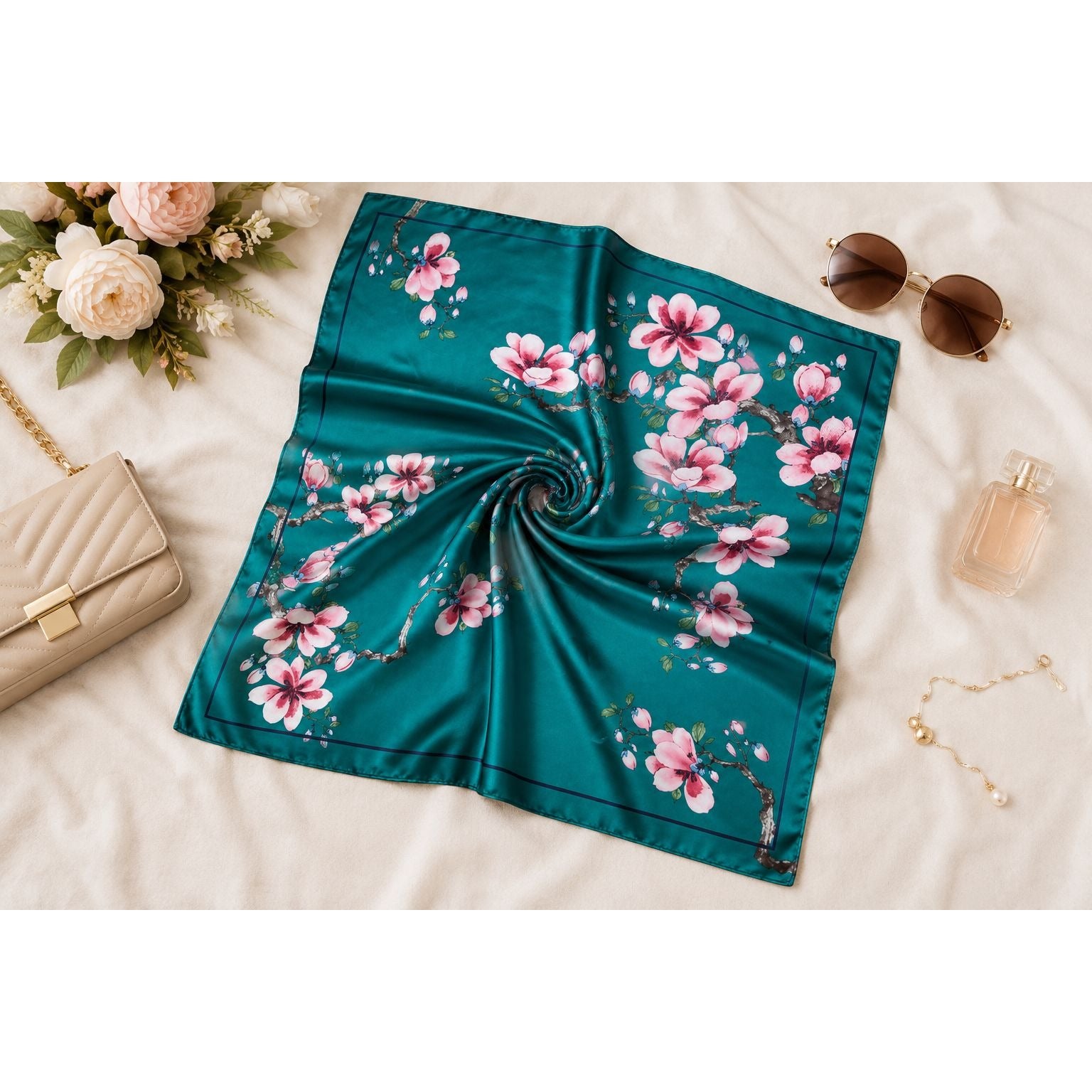 Teal Magnolia Satin Scarf 35x35 Floral Square Hair Neck Head Scarf Women Gift