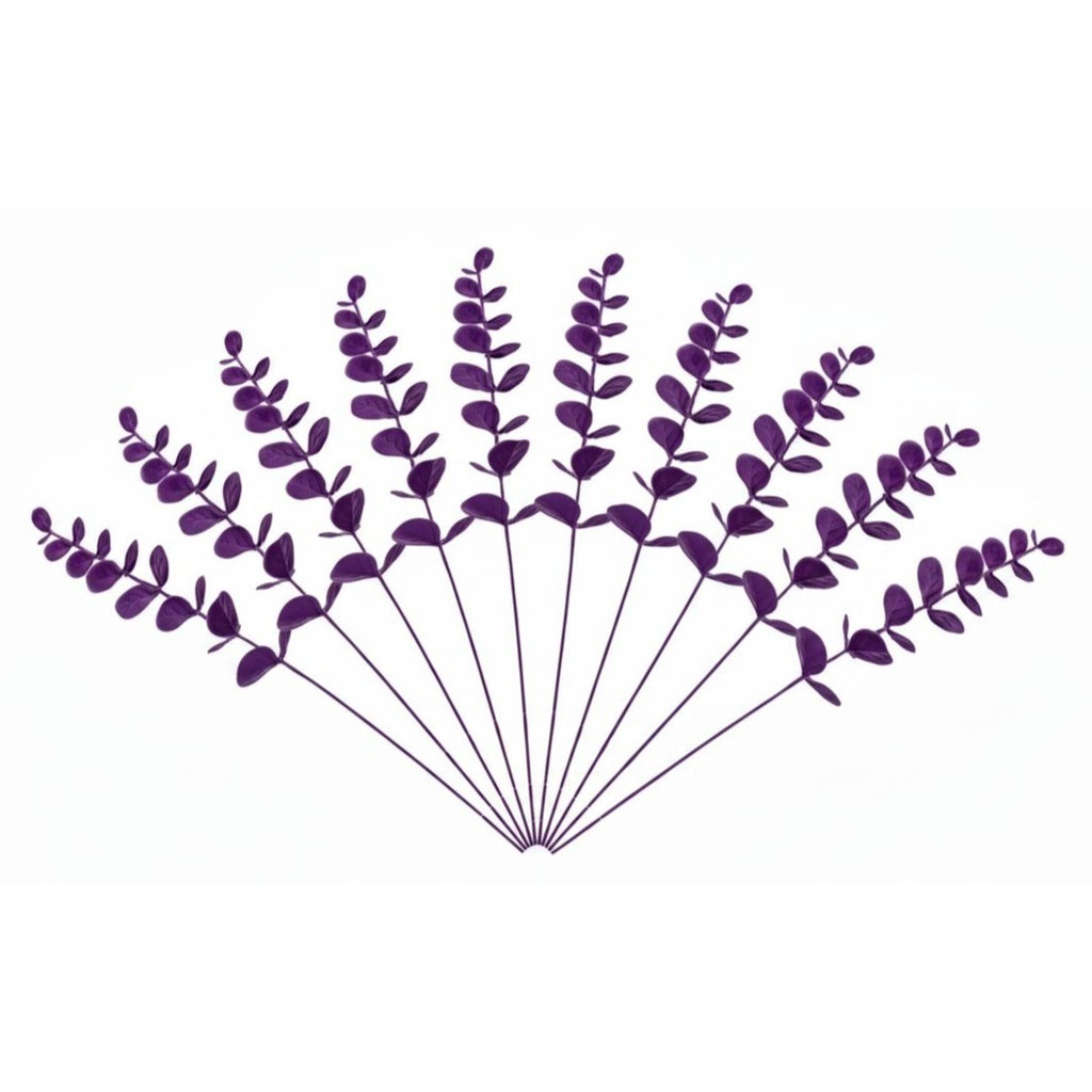 A set of artificial purple eucalyptus stems arranged in a fan shape against a plain white background.