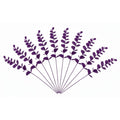 A set of artificial purple eucalyptus stems arranged in a fan shape against a plain white background.
