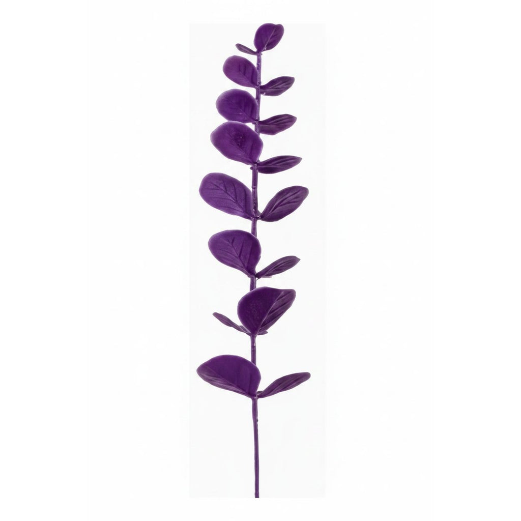 A single purple artificial plant stem with oval leaves, centered on a plain white background.