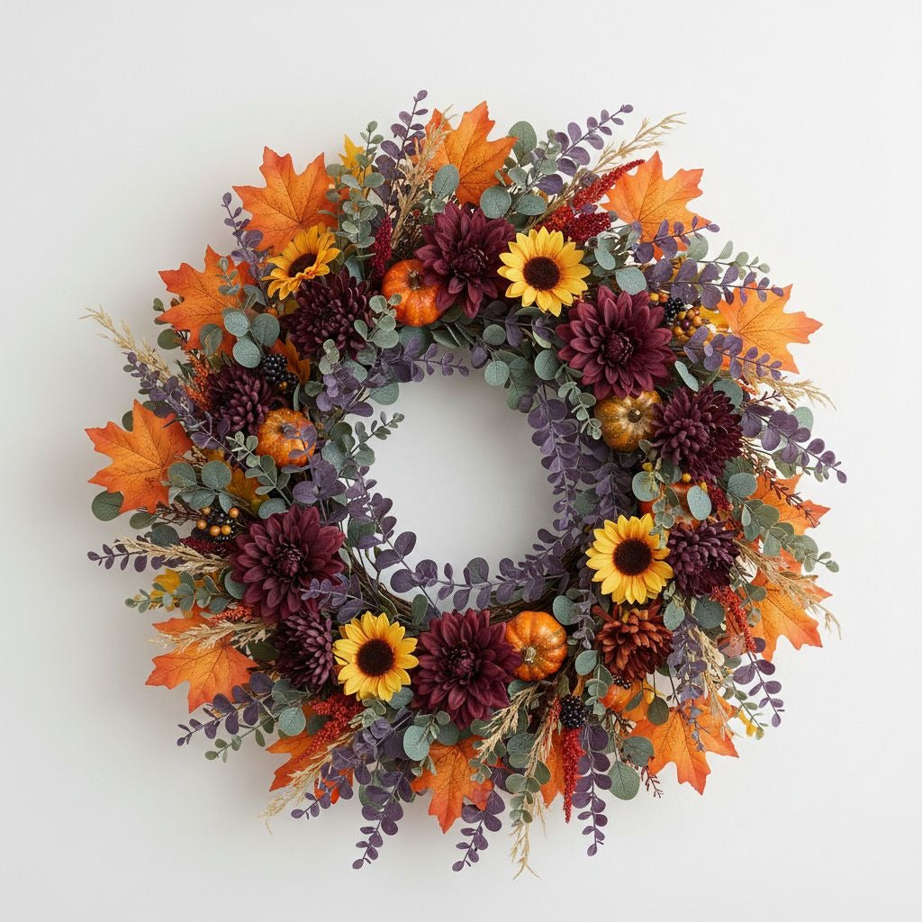 An autumn-themed floral wreath featuring orange maple leaves, yellow sunflowers, deep burgundy chrysanthemums, purple flowers, green eucalyptus, and small orange pumpkins, displayed against a plain white background.