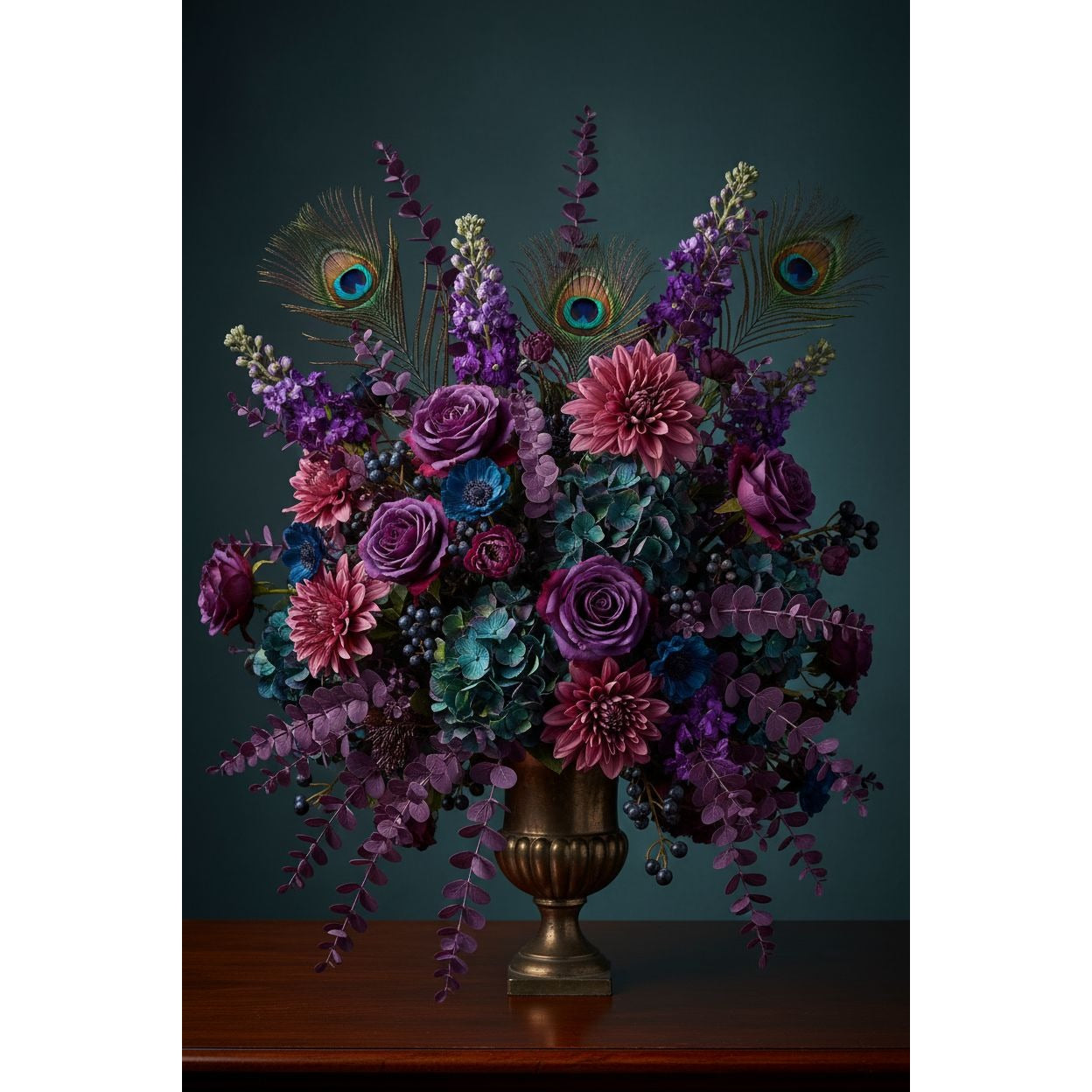 A large artificial floral arrangement in a bronze urn vase, featuring purple and pink flowers with peacock-feather accents, displayed on a wooden surface against a dark teal background.