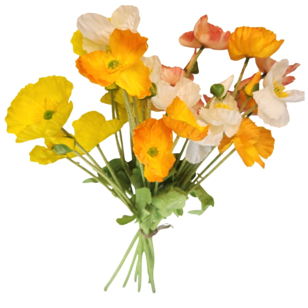 Silk Poppy Bouquet 8 Stem Faux Flowers Rustic Home Decor Yellow Orange Peach Arrangement