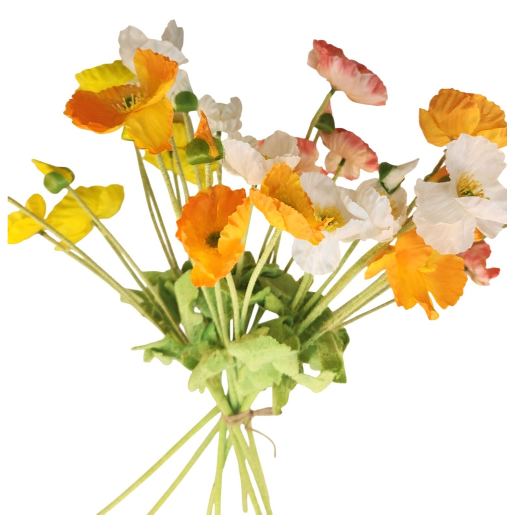 Silk Poppy Bouquet 8 Stem Faux Flowers Rustic Home Decor Yellow Orange Peach Arrangement