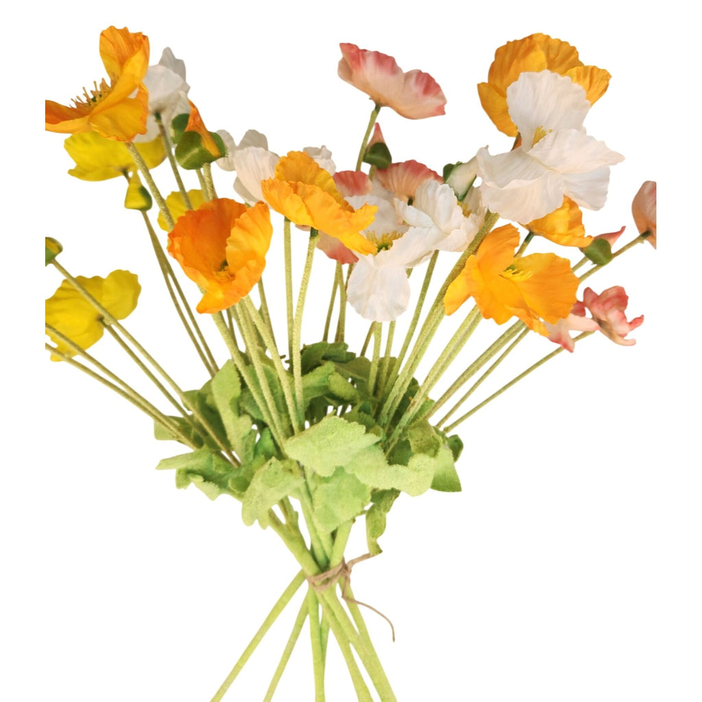 Silk Poppy Bouquet 8 Stem Faux Flowers Rustic Home Decor Yellow Orange Peach Arrangement