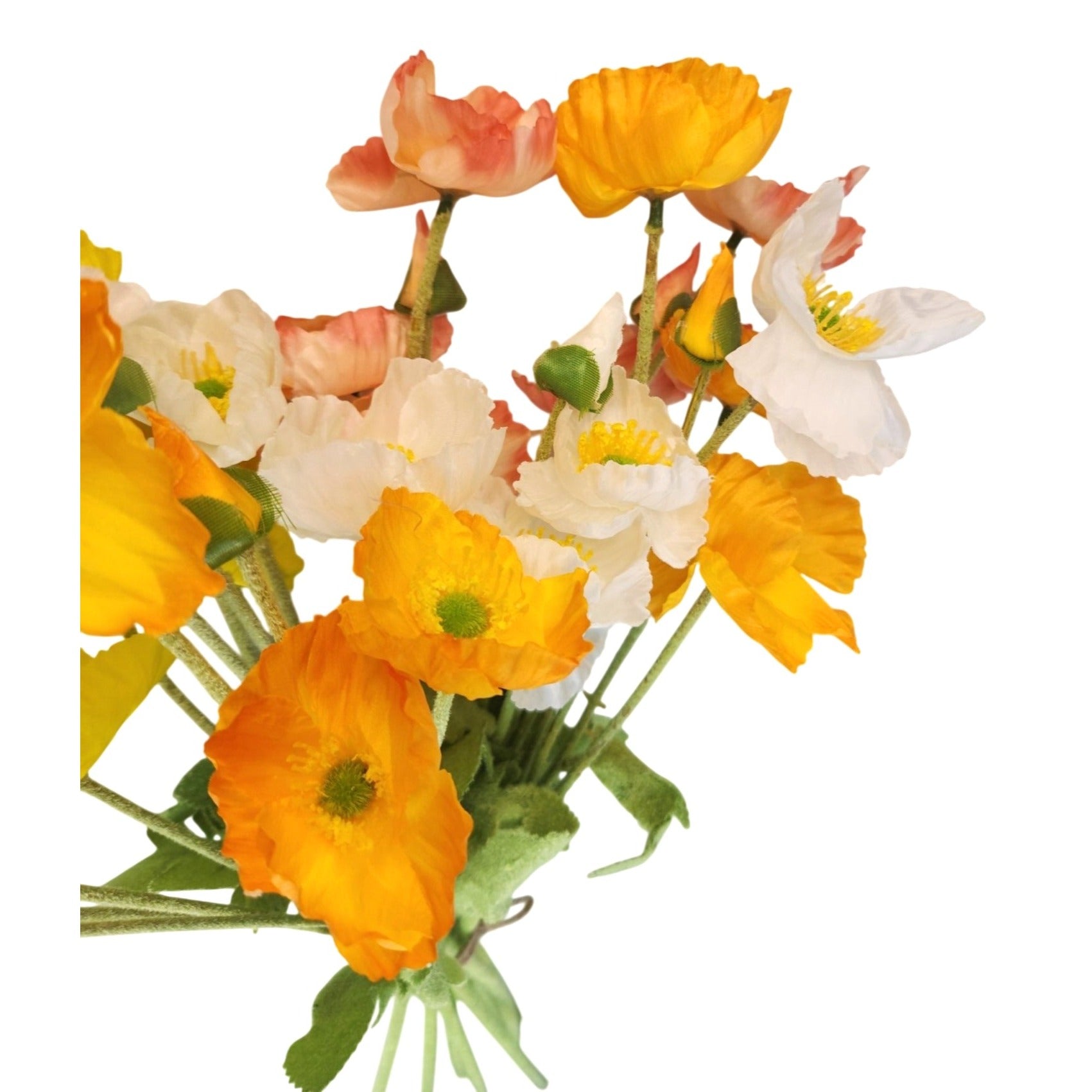 Silk Poppy Bouquet 8 Stem Faux Flowers Rustic Home Decor Yellow Orange Peach Arrangement