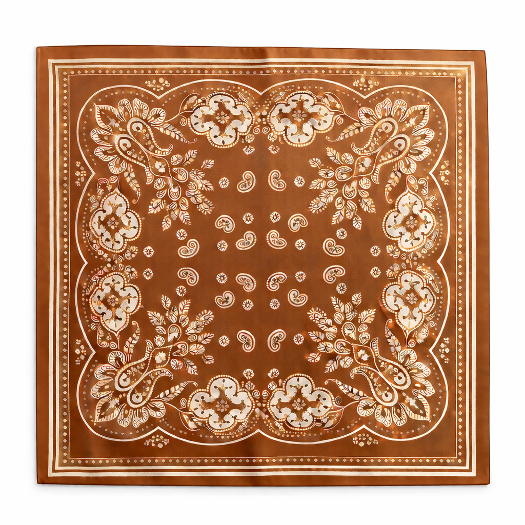 Brown bandana with white paisley pattern on a white background