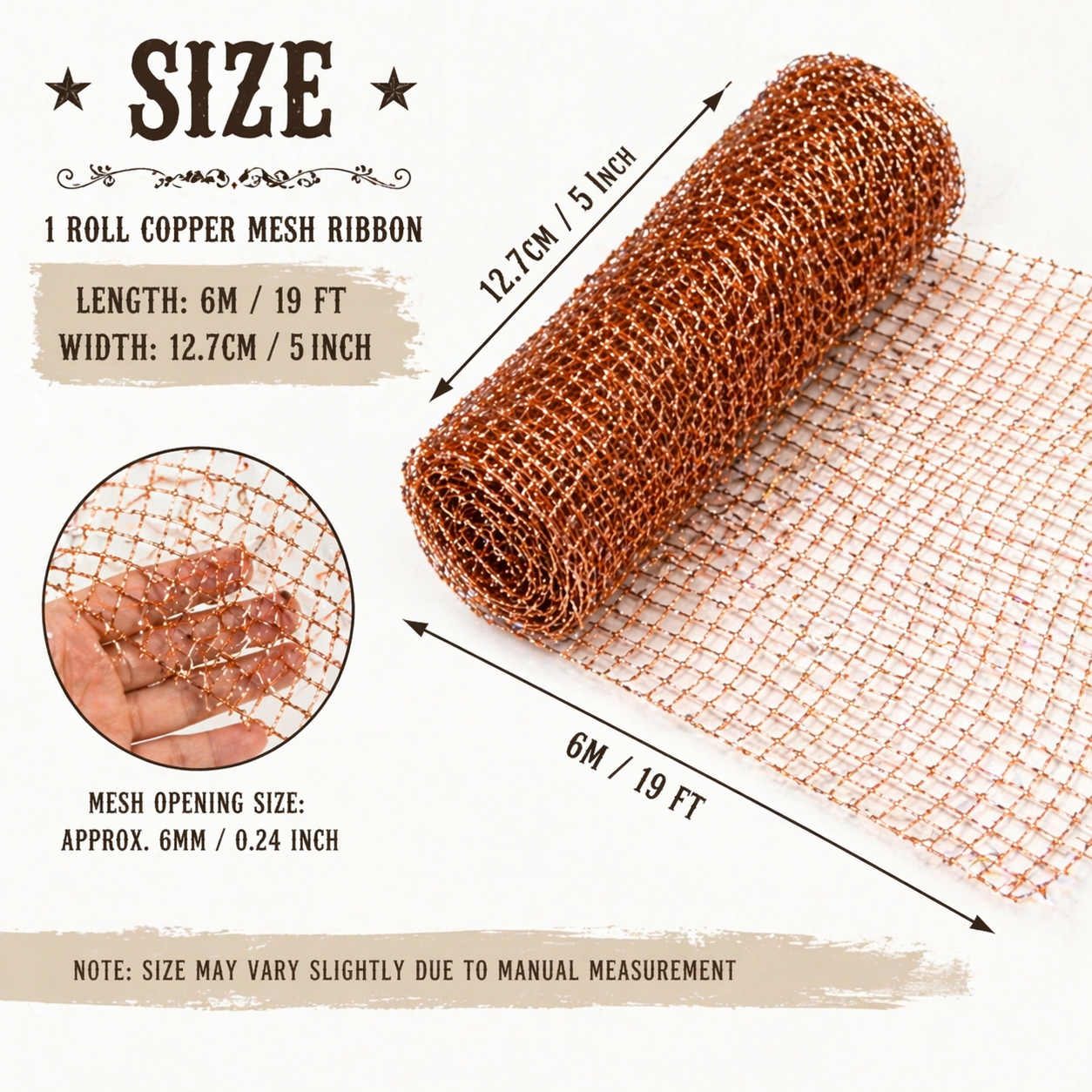 Roll of copper mesh ribbon with dimensions and details on a white background