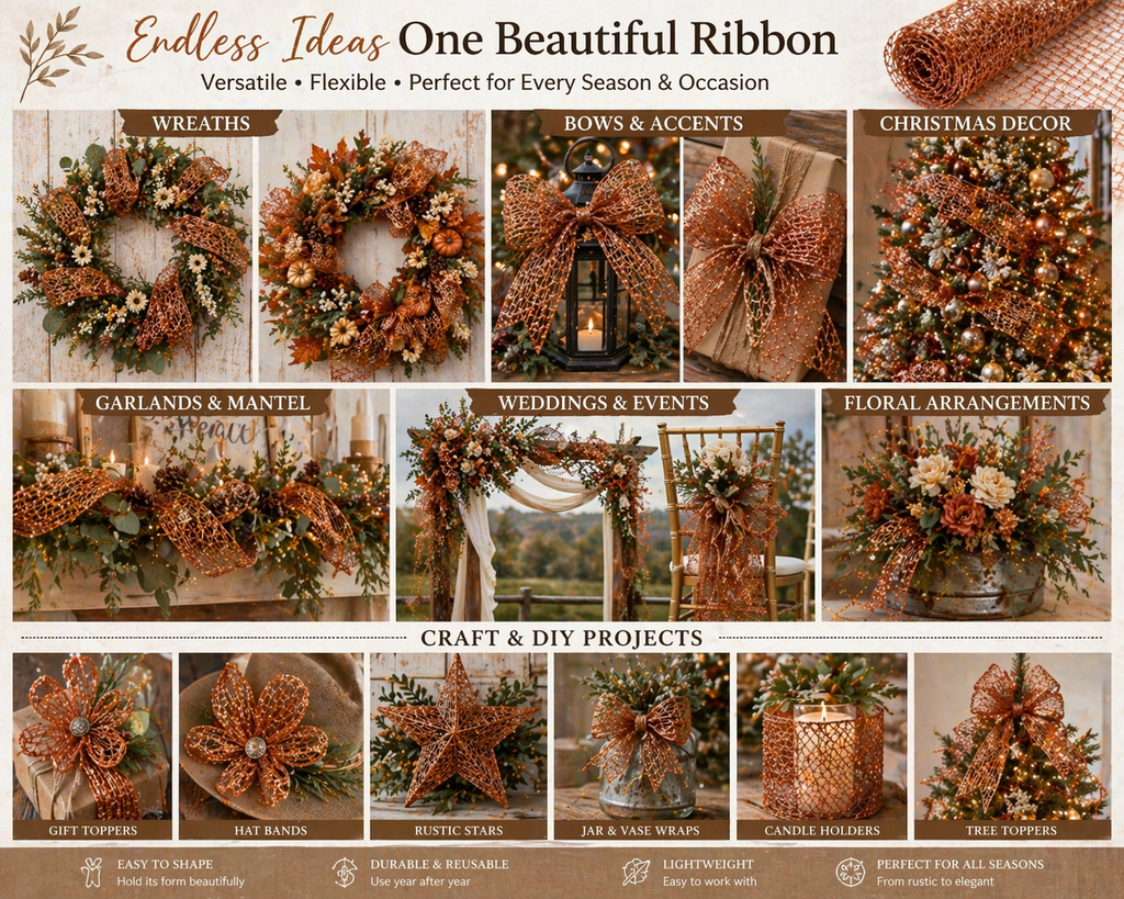 Collage of decorative uses for a beautiful ribbon including wreaths, bows, garlands, weddings, and more.