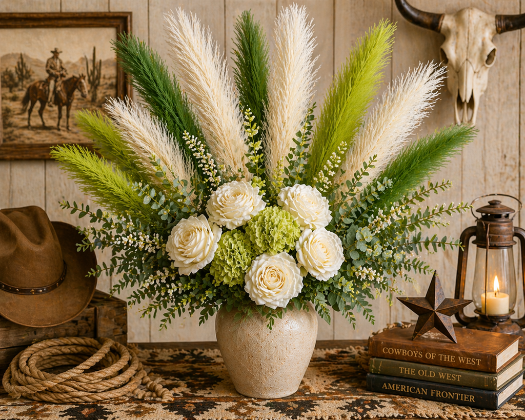Green Pampas Grass Bundle 16 Stem Faux Pampas White and Green Boho Decor Vase Filler Farmhouse Floral Arrangement Mixed Stems