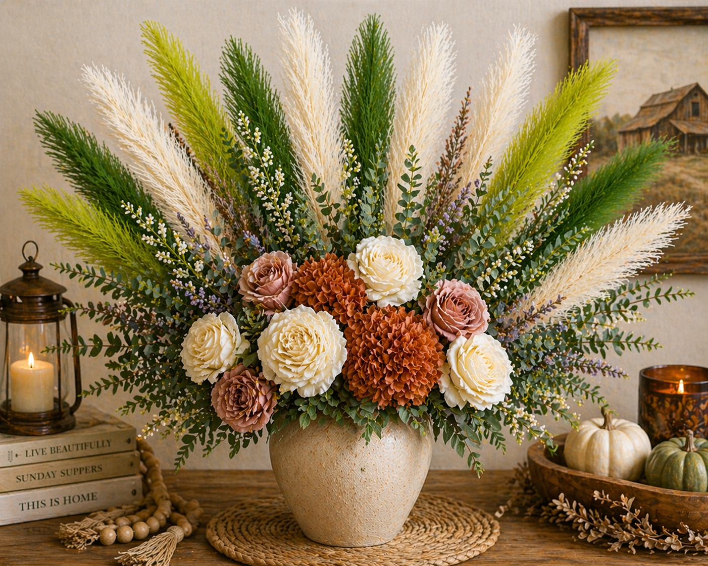 Green Pampas Grass Bundle 16 Stem Faux Pampas White and Green Boho Decor Vase Filler Farmhouse Floral Arrangement Mixed Stems