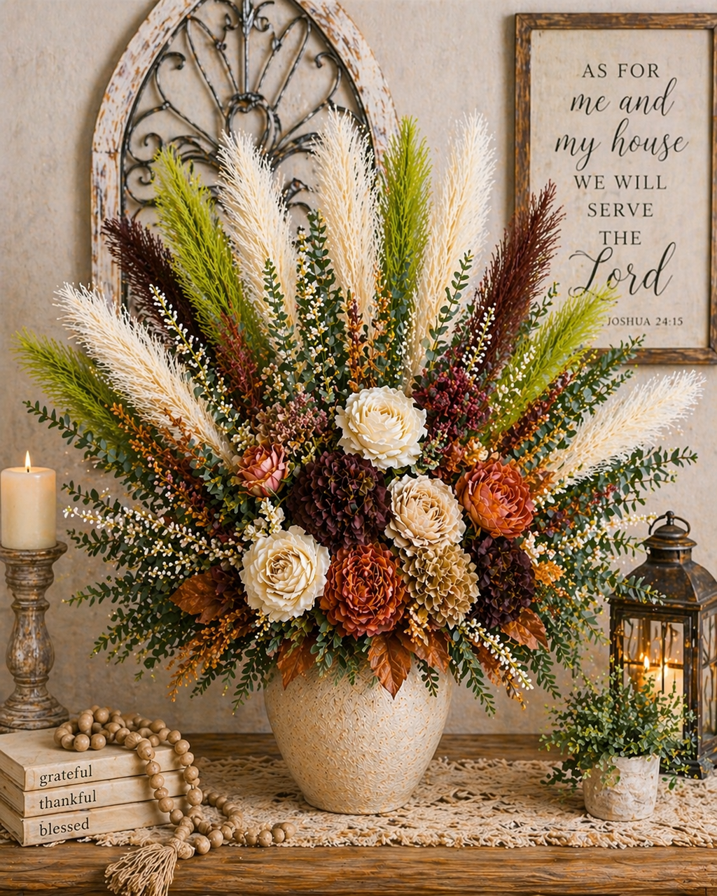Green Pampas Grass Bundle 16 Stem Faux Pampas White and Green Boho Decor Vase Filler Farmhouse Floral Arrangement Mixed Stems