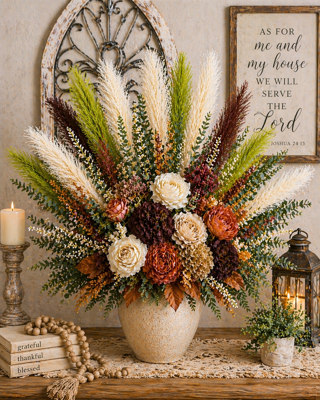 Green Pampas Grass Bundle 16 Stem Faux Pampas White and Green Boho Decor Vase Filler Farmhouse Floral Arrangement Mixed Stems