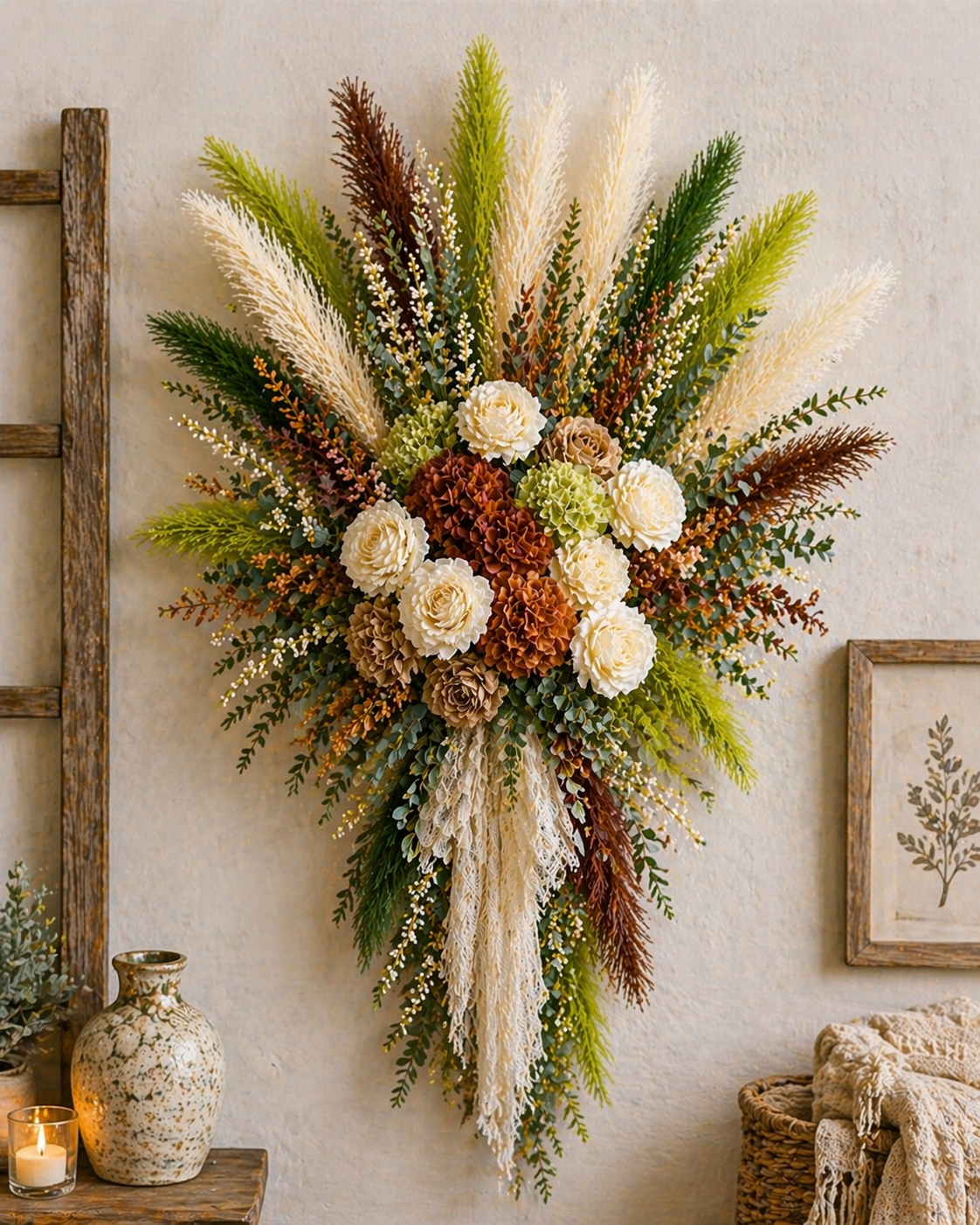 Green Pampas Grass Bundle 16 Stem Faux Pampas White and Green Boho Decor Vase Filler Farmhouse Floral Arrangement Mixed Stems