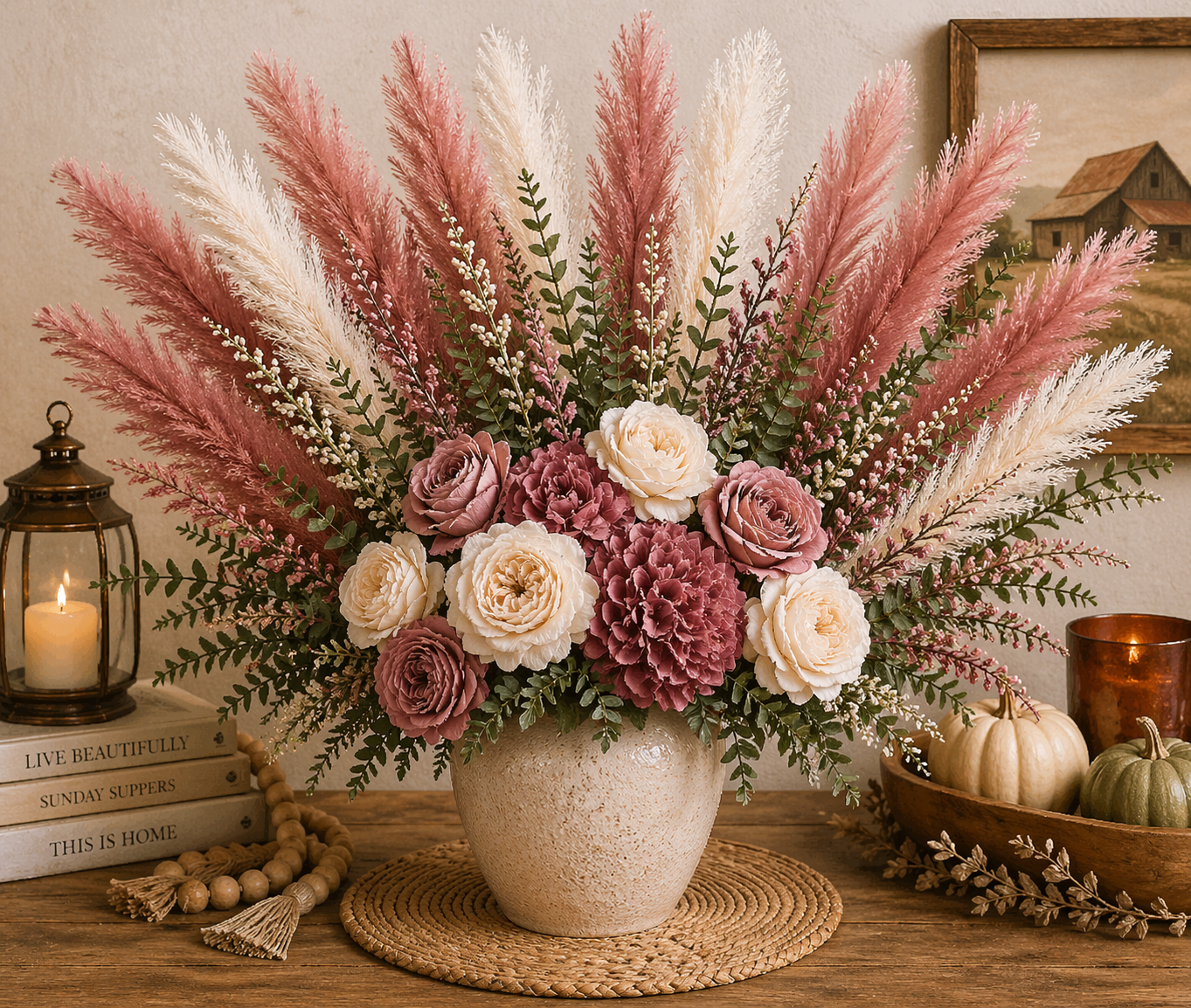 Rose Pink Pampas Grass 3 Stem Faux Pampas 21 Inch Boho Decor Rustic Vase Filler Farmhouse Floral Stems Mauve Pampas Wedding Deco