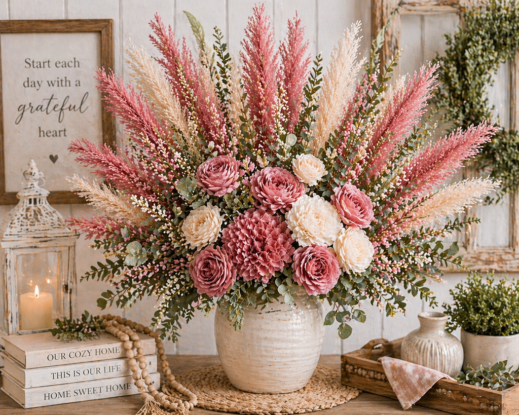 Rose Pink Pampas Grass 3 Stem Faux Pampas 21 Inch Boho Decor Rustic Vase Filler Farmhouse Floral Stems Mauve Pampas Wedding Deco