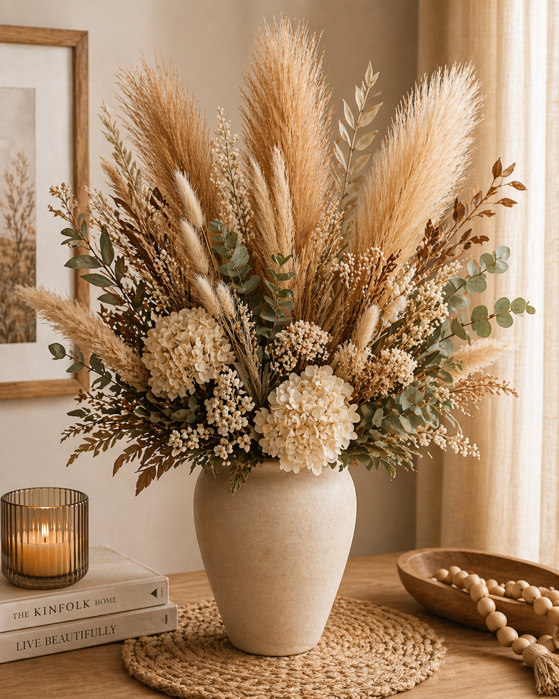 Caramel Tan Pampas Grass 3 Stem Faux Pampas Boho Decor Warm Brown Vase Filler Farmhouse Floral Stems Neutral Home Decor