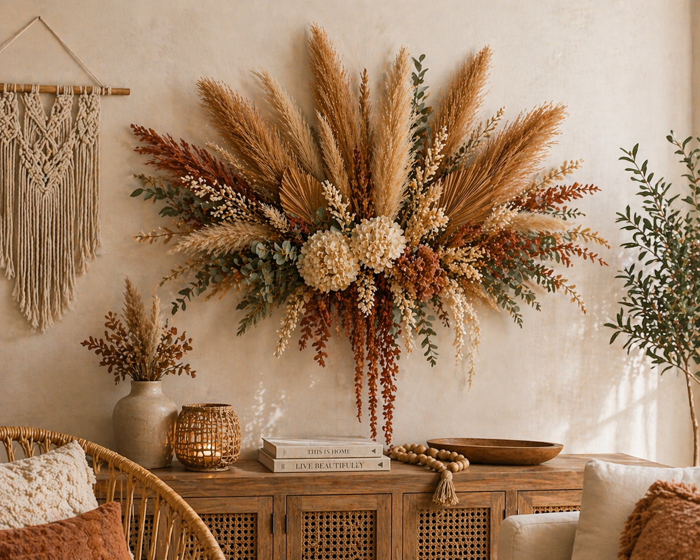 Caramel Tan Pampas Grass 3 Stem Faux Pampas Boho Decor Warm Brown Vase Filler Farmhouse Floral Stems Neutral Home Decor