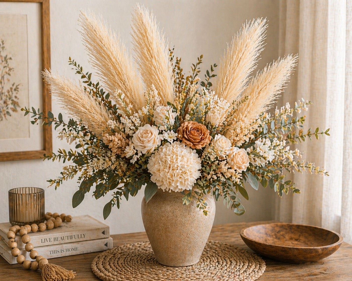 Wheat Beige Pampas Grass 3 Stem Faux Pampas Golden Beige Boho Decor Neutral Vase Filler Farmhouse Floral Stems Minimalist Decor