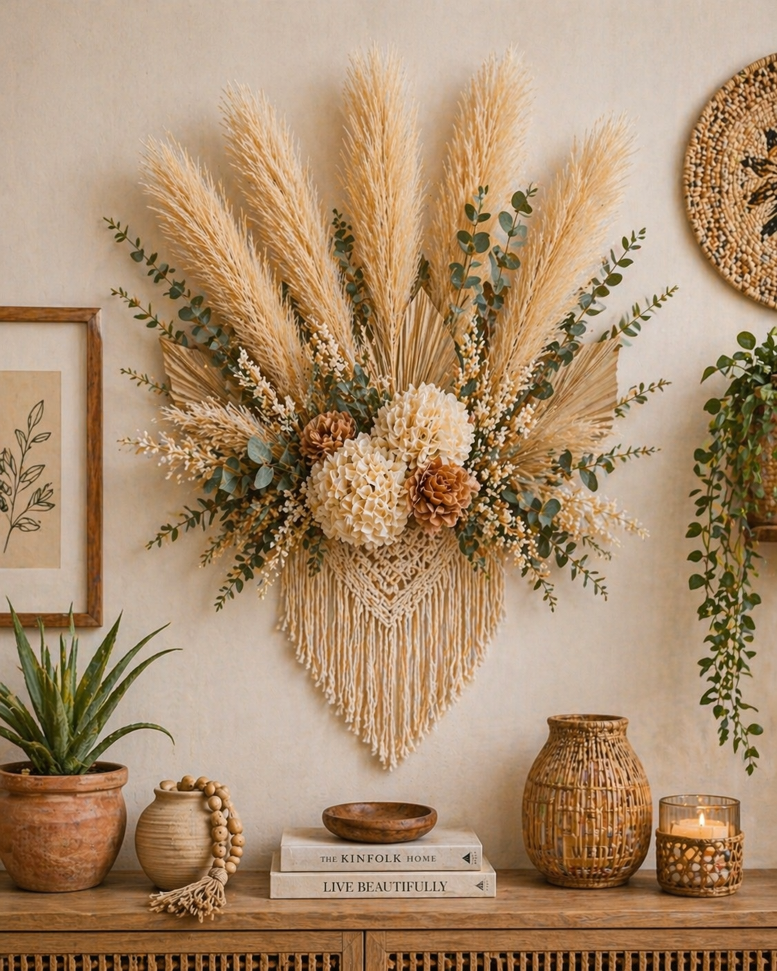 Wheat Beige Pampas Grass 3 Stem Faux Pampas Golden Beige Boho Decor Neutral Vase Filler Farmhouse Floral Stems Minimalist Decor
