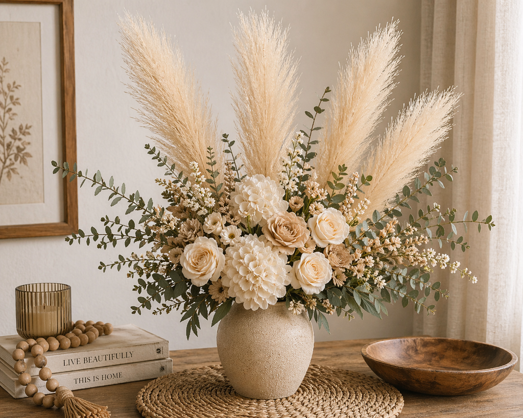 Cream Pampas Grass 3 Stem Faux Pampas Beige Boho Decor Neutral Vase Filler Farmhouse Floral Stems Minimalist Home Decor