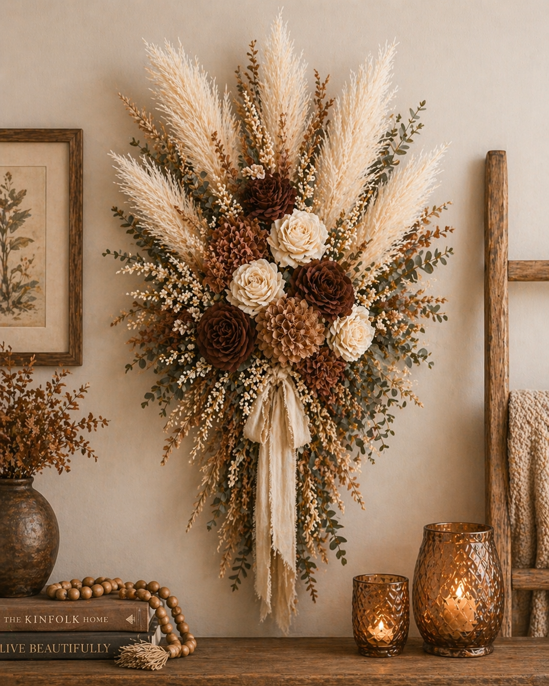 Cream Pampas Grass 3 Stem Faux Pampas Beige Boho Decor Neutral Vase Filler Farmhouse Floral Stems Minimalist Home Decor