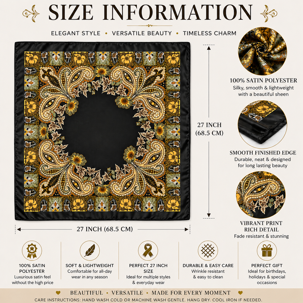 Luxury Paisley Floral Satin Scarf for Women – 27" Square Black Gold Sage Green Satin Scarf with Hand-Rolled Hem, Vintage Boho Elegant Headscarf