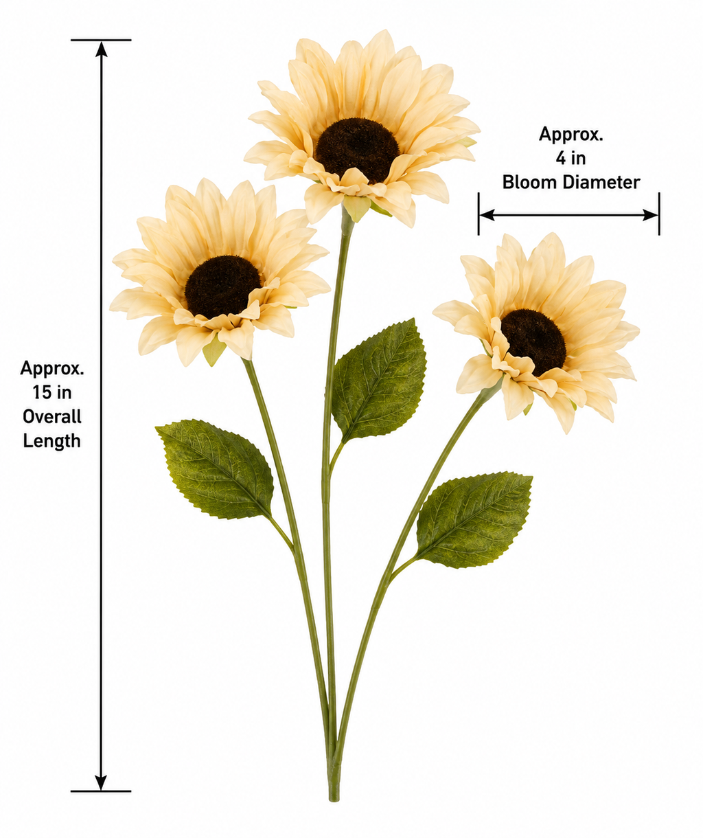 Three artificial sunflower stems with green leaves and cream-yellow blooms on a white background, with measurement callouts indicating overall length and bloom diameter.