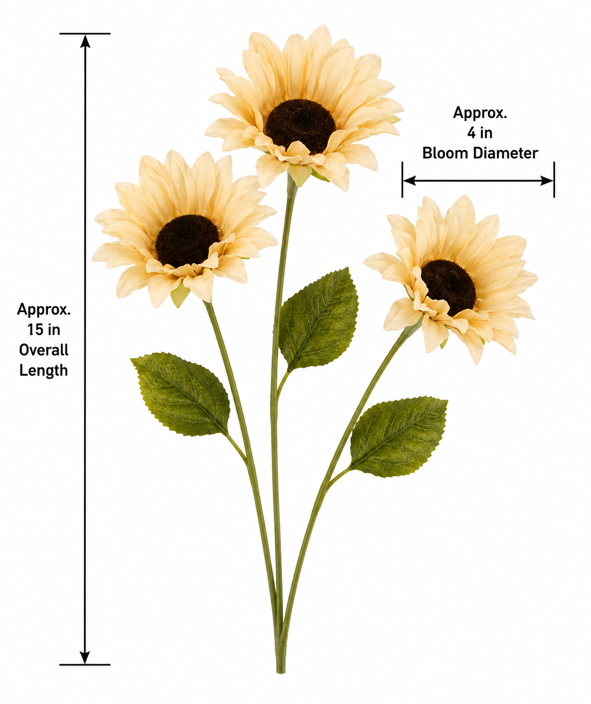 Three artificial sunflower stems with green leaves and cream-yellow blooms on a white background, with measurement callouts indicating overall length and bloom diameter.