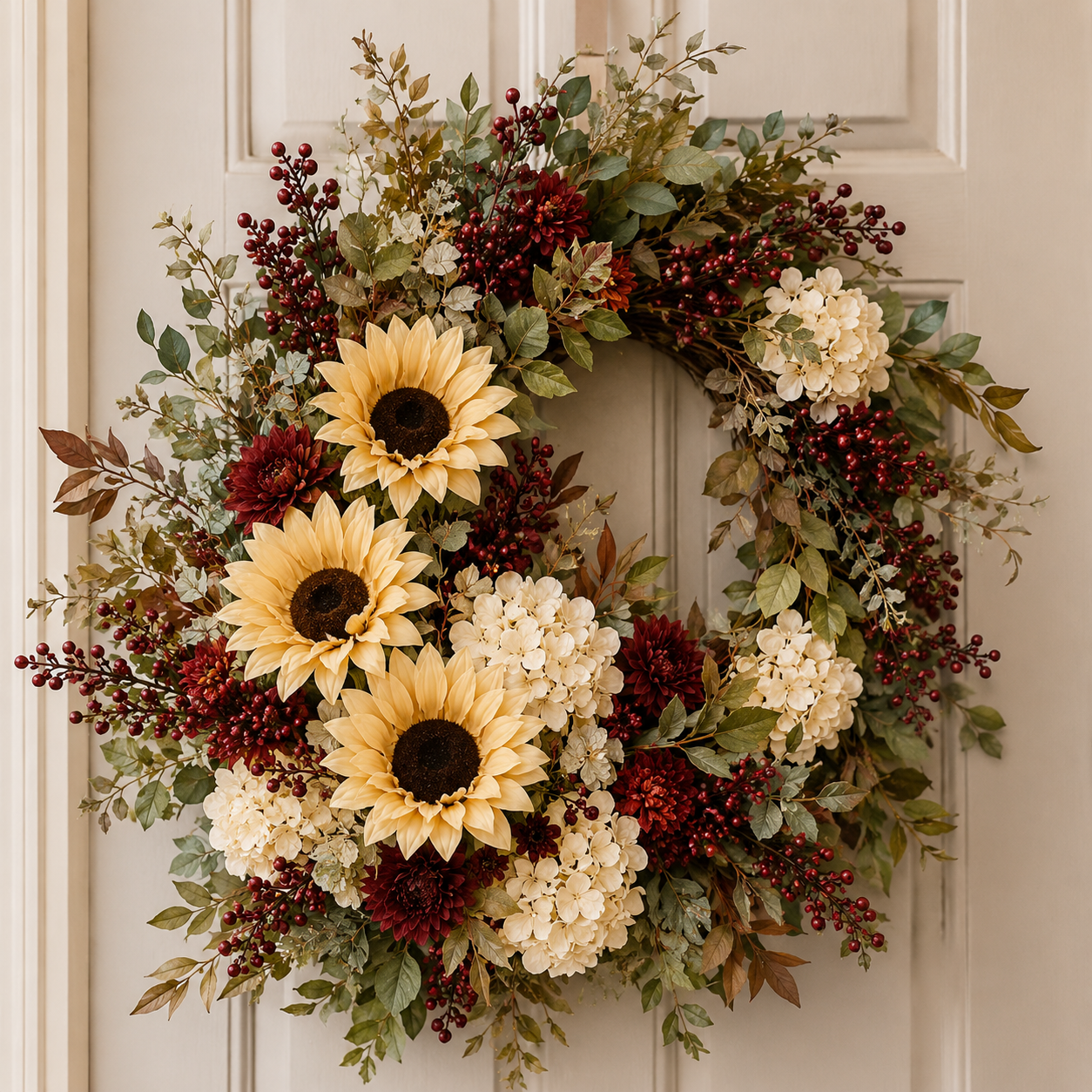 An autumn-themed floral wreath hanging on a cream-colored paneled door. The wreath features three large yellow sunflowers, white hydrangea blooms, deep burgundy berries, and green foliage.