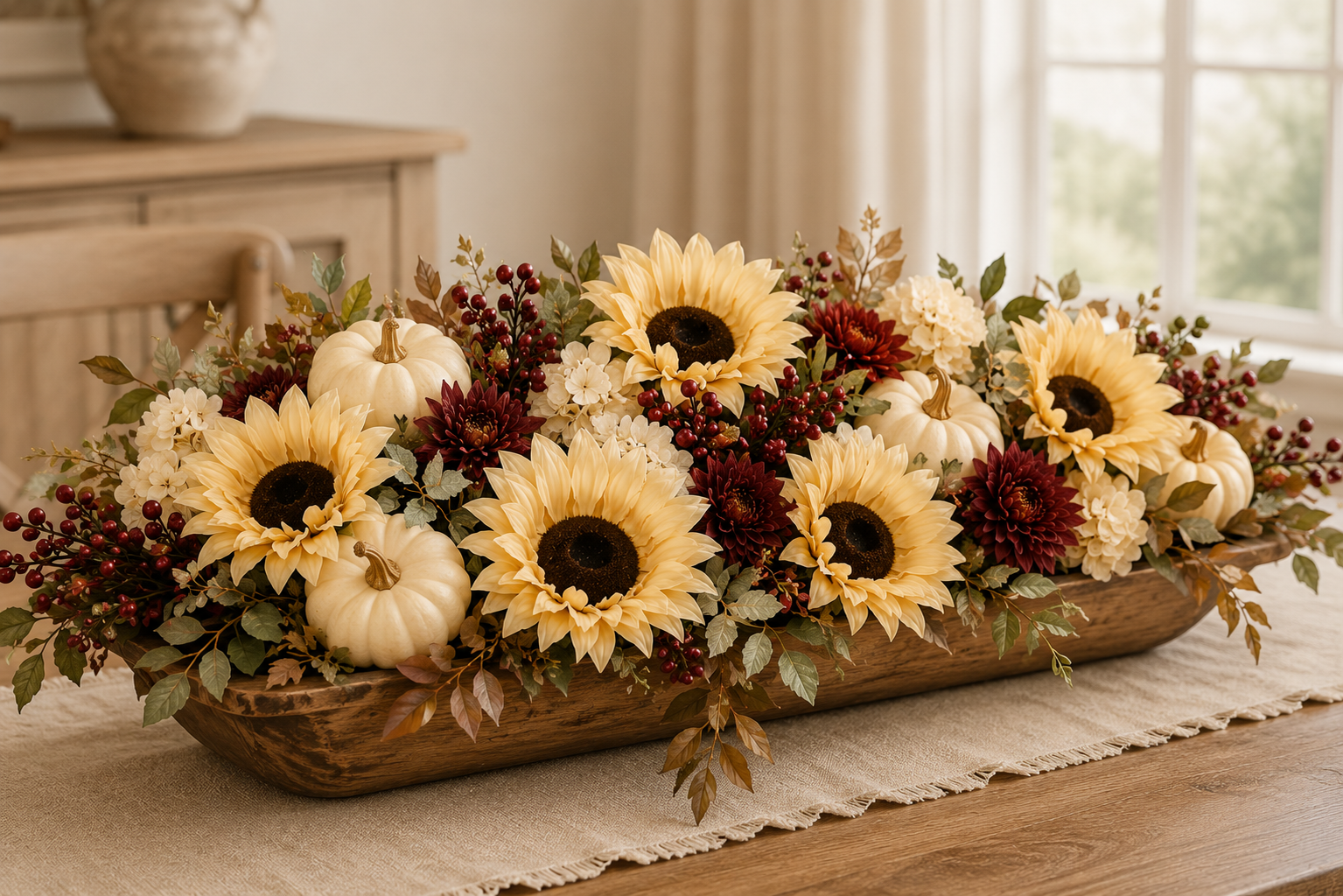 A rustic fall floral centerpiece in a long wooden tray, featuring large yellow sunflowers, cream pumpkins, burgundy berries, and green foliage on a table runner in a warm indoor setting.