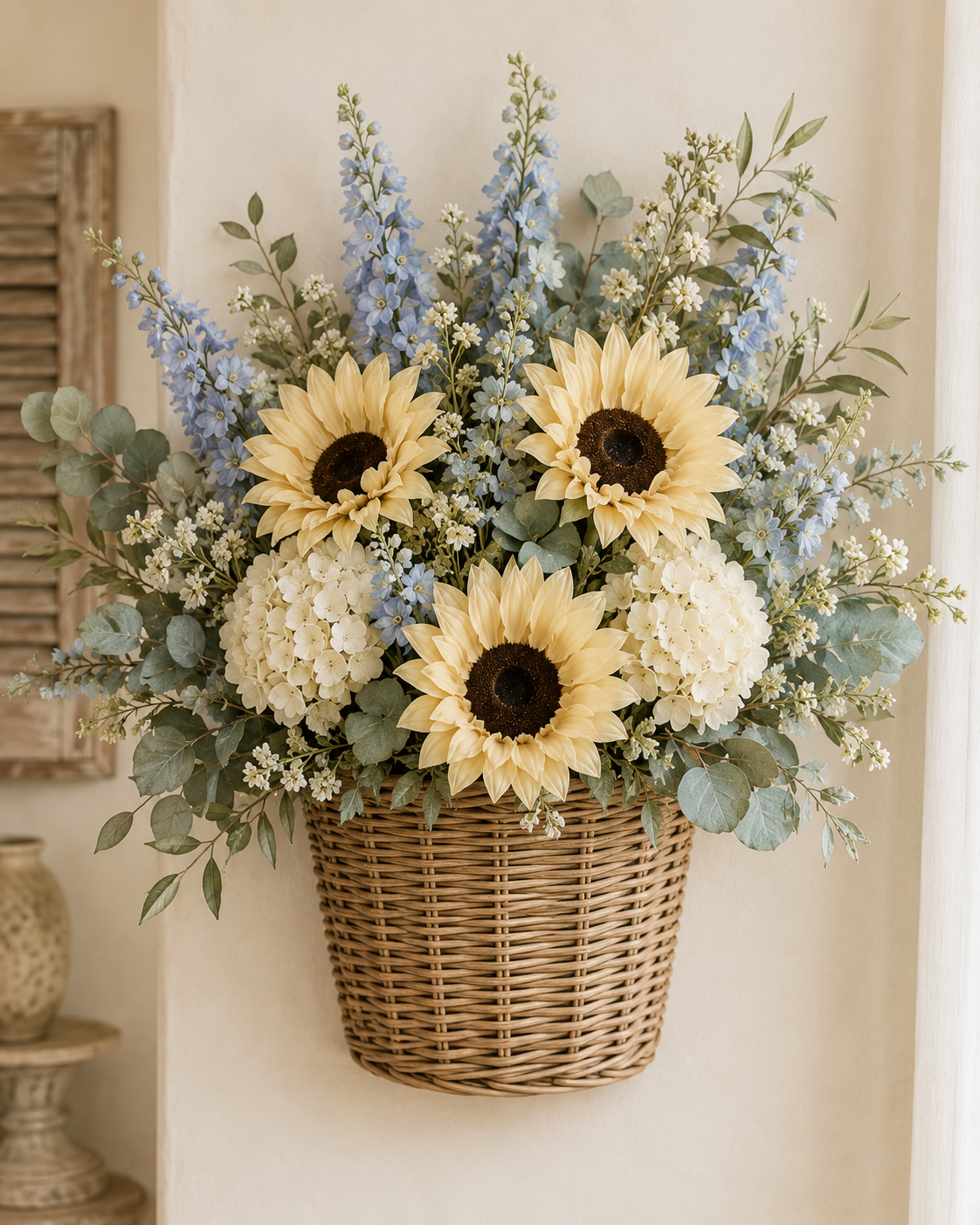 A rustic wicker basket filled with a floral arrangement featuring three large yellow sunflowers, white hydrangeas, light blue delphiniums, and green eucalyptus leaves, hanging on a beige wall.