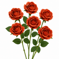 Five artificial red-orange roses with green stems and leaves, arranged against a plain white background.