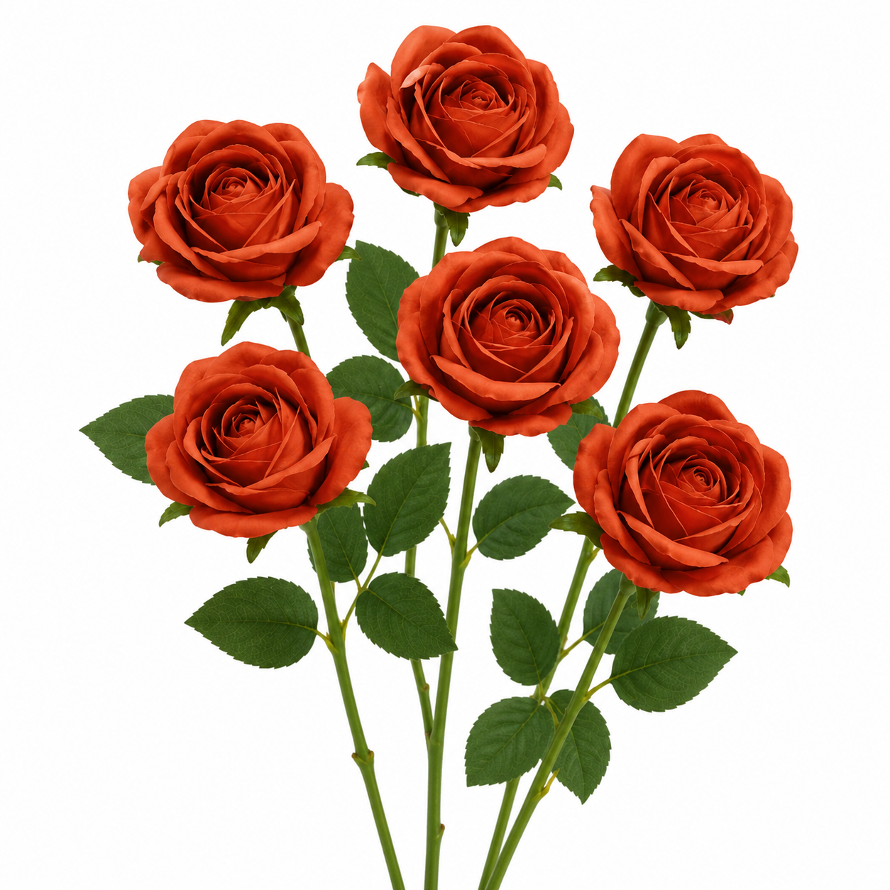 Five artificial red-orange roses with green stems and leaves, arranged against a plain white background.